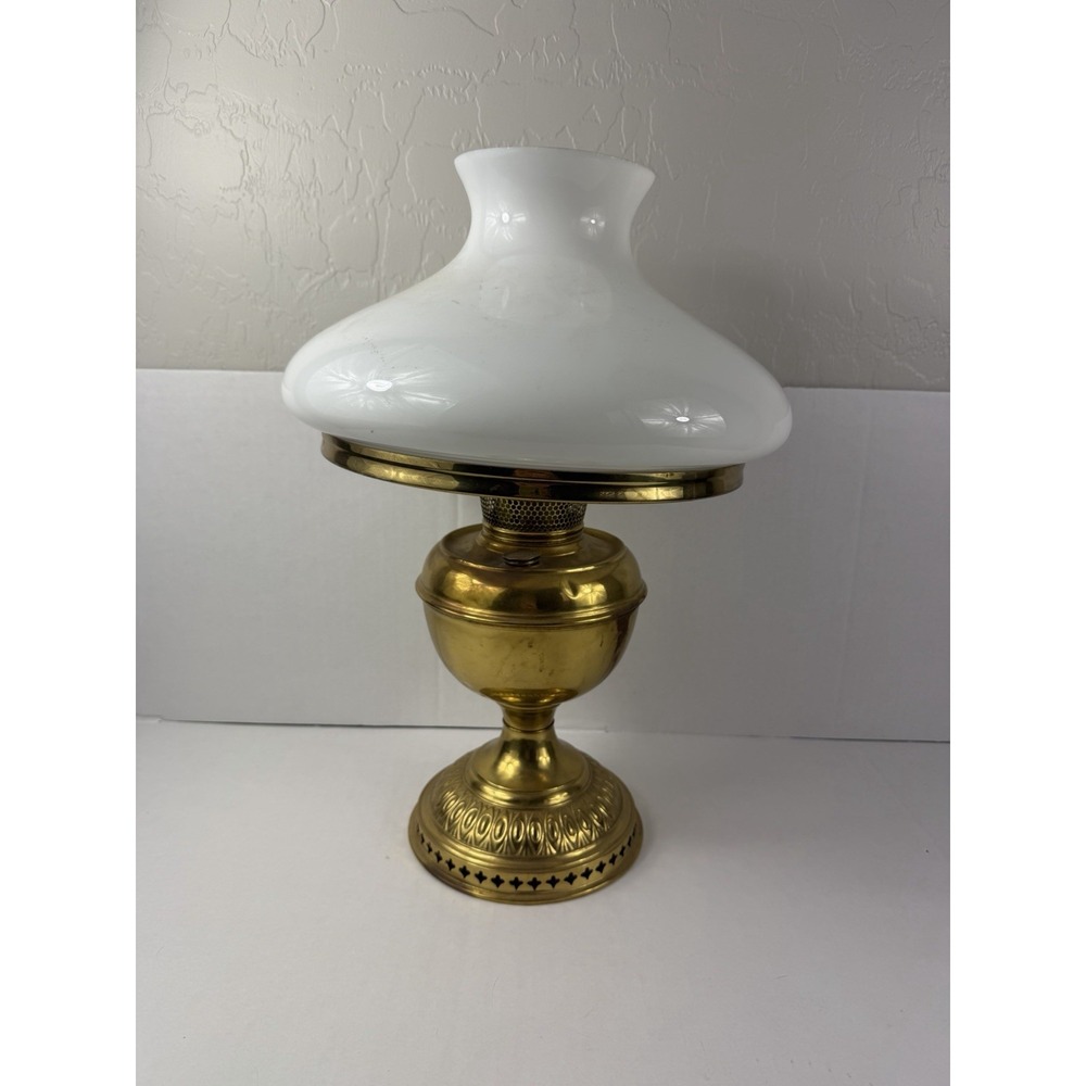 Vintage Rayo brass oil lamp with milk glass student shade (untested)